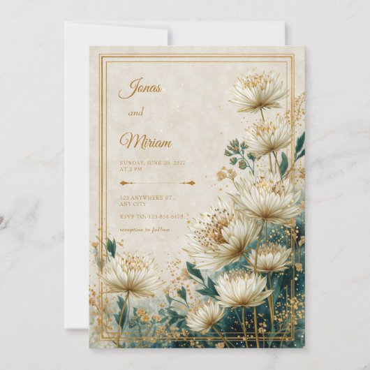 Cream Gilded Astrantia Teal Watercolor Wedding Einladung (Vorderseite)