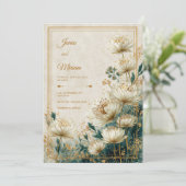 Cream Gilded Astrantia Teal Watercolor Wedding Einladung (Stehend Vorderseite)