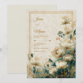 Cream Gilded Astrantia Teal Watercolor Wedding Einladung (Vorne/Hinten)