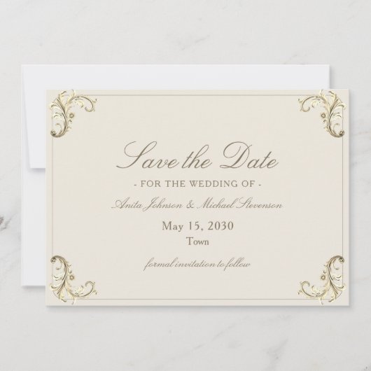 Cream Gold Baroque Wedding Save The Date (Vorderseite)