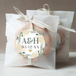 Cream Gold Blumengrün Herz Wedding Monogram Runder Aufkleber