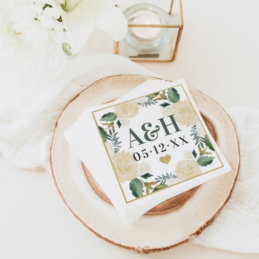 Cream Gold Blumengrün Herz Wedding Monogram Serviette