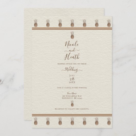 Cream Gold Brown Ananas Minimal Elegante Hochzeit Einladung (Vorne/Hinten)