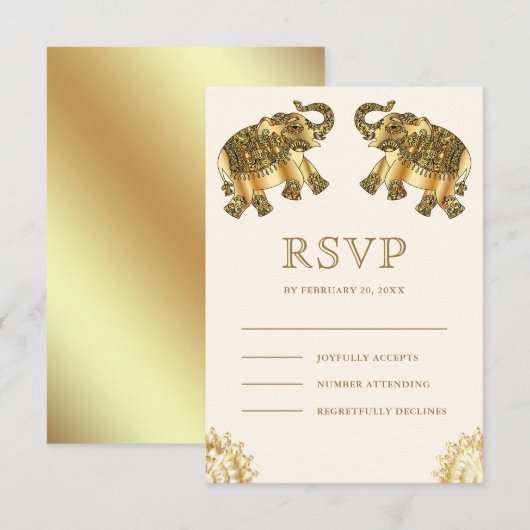Cream Gold Ethnic Elephants Indian Wedding RSVP Karte (Vorne/Hinten)