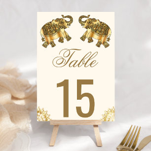 Cream Gold Ethnische Elefanten Indische Hochzeit Tischnummer