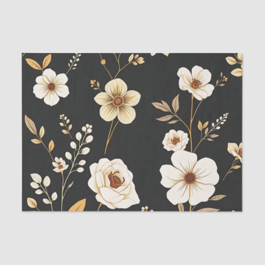 Cream Gold Floral Black Pattern Seidenpapier (Vorderseite)