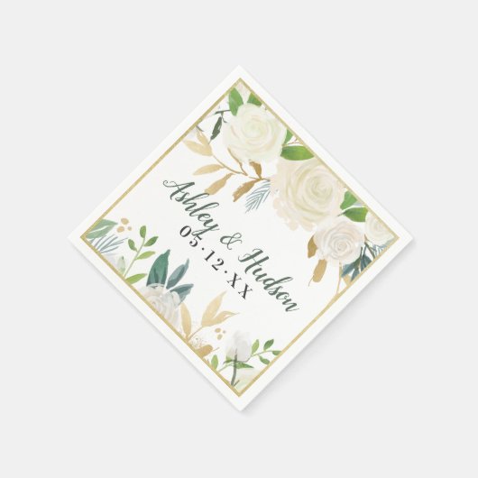 Cream Gold Floral Greenerity Wedding Monogram Serviette (Ecke)