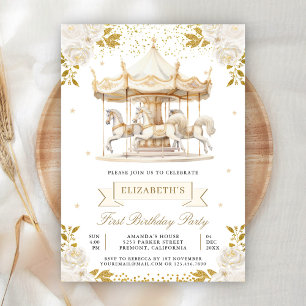 Cream Gold Floral Karussell Erste Geburtstagsfeier Einladung