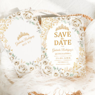 Cream Gold Floral Quinceañera Save The Date