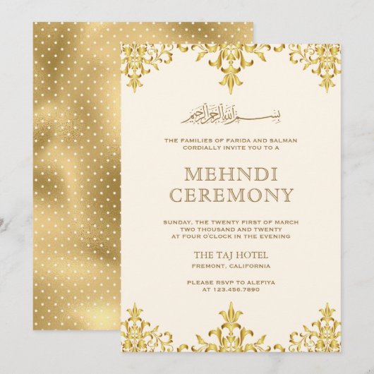 Cream Gold Foil Damask Islamic Wedding Mehndi Einladung (Vorne/Hinten)