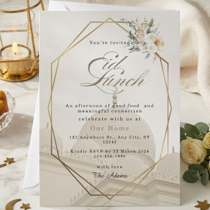 Cream Gold Geometrische Florale Moschee Eid Mittag Einladung