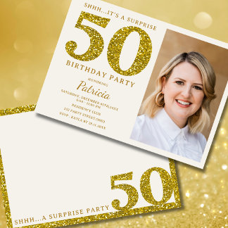 Cream Gold Glitter 50. Überraschungs-Geburtstagsfo Einladung