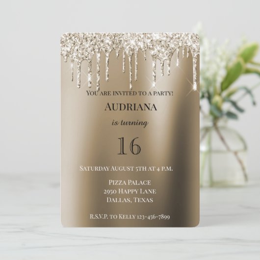 Cream Gold Glitz Glitzer Ice Creme Tropfen Geburts Einladung (Stehend Vorderseite)