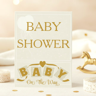 Cream & Gold Heart & Ribbon Baby Shower Invitation Einladung