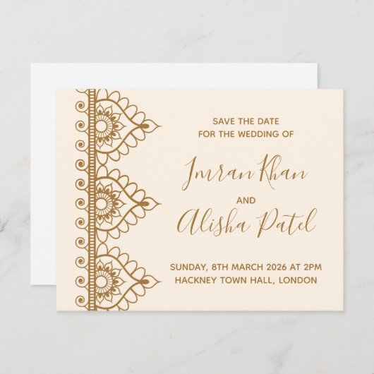 Cream Gold Henna Desi Indian Wedding Einladung (Vorne/Hinten)
