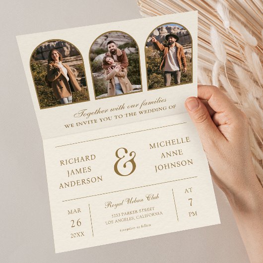 Cream Gold Minimal Arch Foto QR-Code Hochzeit Einladung