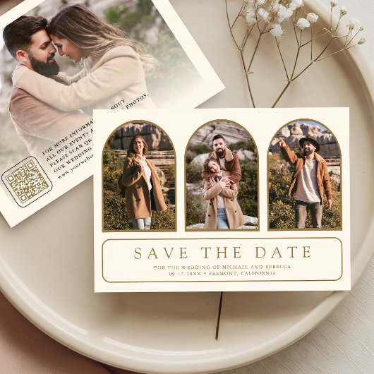 Cream Gold Minimaler Bogen Foto QR Code Hochzeit Save The Date