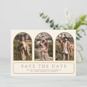 Cream Gold Minimaler Bogen Foto QR Code Hochzeit Save The Date (Stehend Vorderseite)