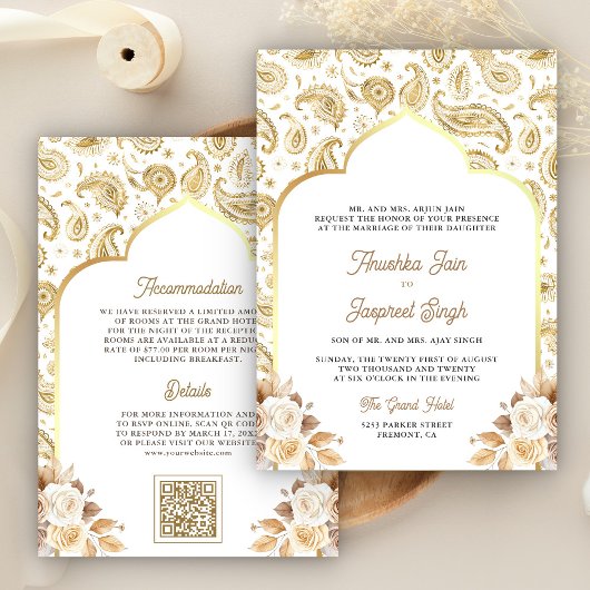 Cream Gold Paisley Floral QR Code Indian Wedding Einladung