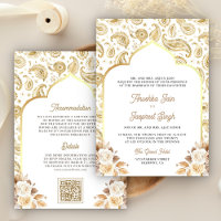 Cream Gold Paisley Floral QR Code Indian Wedding