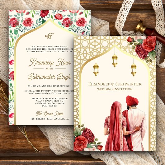 Cream Gold Rote Rosen Anand Karaj Sikh Wedding Einladung