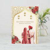 Cream Gold Rote Rosen Anand Karaj Sikh Wedding Einladung (Stehend Vorderseite)