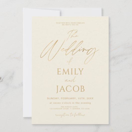 Cream Gold Wedding QR Code Foto Script Einladung (Vorderseite)