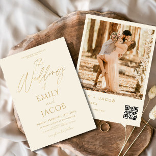 Cream Gold Wedding QR Code Foto Script Einladung