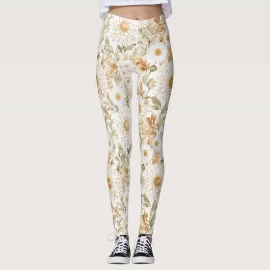 Cream Gold White Country Flowers Leggings (Vorderseite)