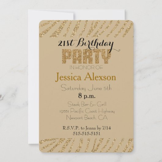 Cream Gold Zebra Print Imitate Glitzer 21. Geburts Einladung (Vorderseite)