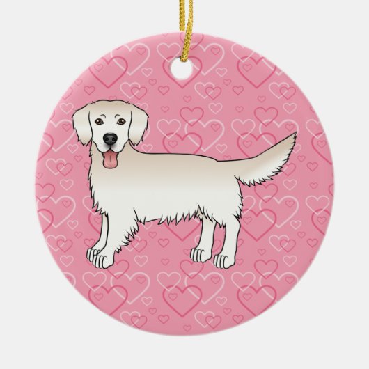 Cream Golden Retriever on Pink Hearts Pet Memorial Keramik Ornament (Vorne)