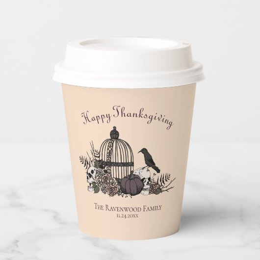 Cream Gothic Skulls, Pumpkin & Rose Erntedank Pappbecher (Vorderseite)