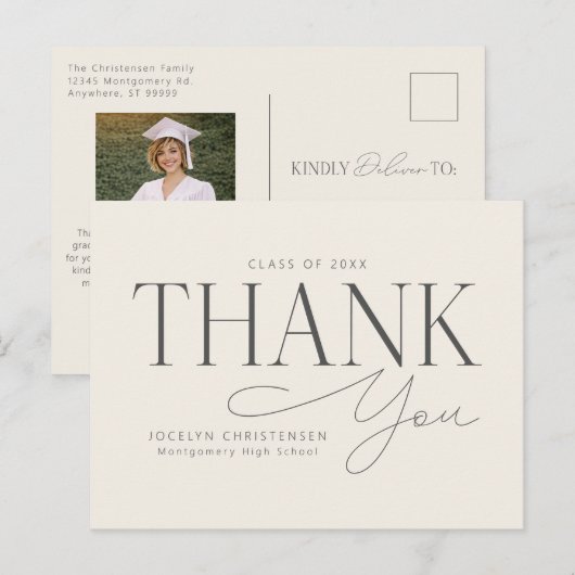 Cream Gray Elegant Modern Graduation Thank You Postkarte (Vorne/Hinten)