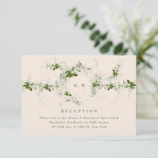 Cream Green Eukalyptus Monogram Wedeption Begleitkarte (Stehend Vorderseite)