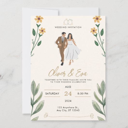 Cream Green Simple Illustriert Wedding Einladung (Vorderseite)