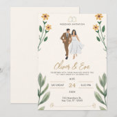 Cream Green Simple Illustriert Wedding Einladung (Vorne/Hinten)
