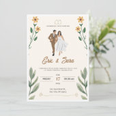 Cream Green Simple Illustriert Wedding Einladung (Stehend Vorderseite)