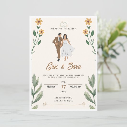 Cream Green Simple Illustriert Wedding Einladung (Stehend Vorderseite)