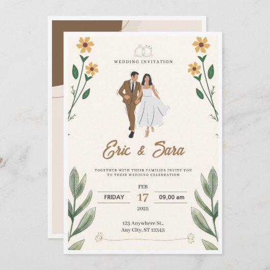 Cream Green Simple Illustriert Wedding Einladung (Vorne/Hinten)