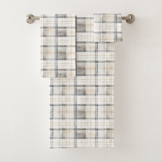 Cream Grey Yellow Plaid Stripes Badhandtuch Set (Insitu)