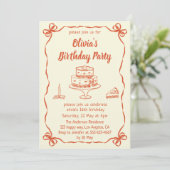 Cream Hand-Drawn Cake & Ribbon Border Birthday Einladung (Stehend Vorderseite)