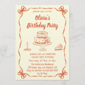 Cream Hand-Drawn Cake & Ribbon Border Birthday Einladung (Vorderseite)