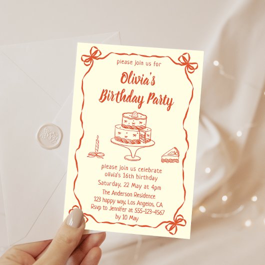 Cream Hand-Drawn Cake & Ribbon Border Birthday Einladung