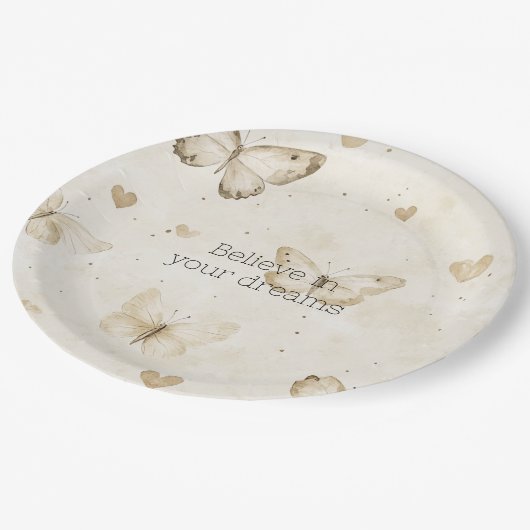 Cream Hearts Butterflies Birthday Pappteller (Schrägansicht)