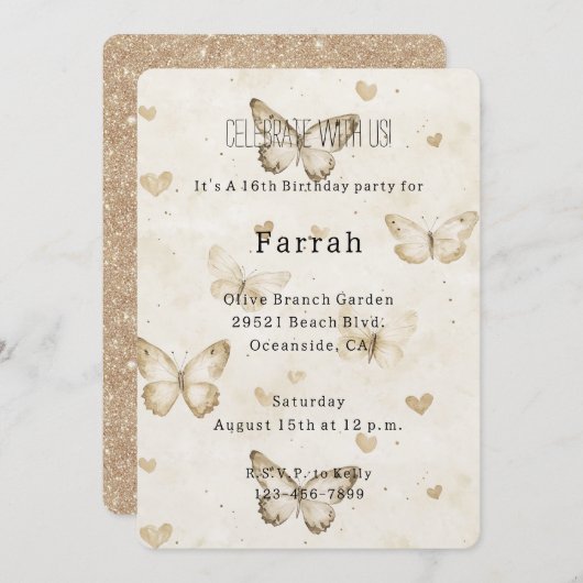 Cream Hearts Butterflies Gold Glitter Birthday   Einladung (Vorne/Hinten)