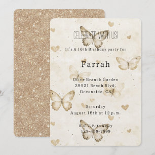 Cream Herzen Schmetterlinge Gold Glitter Geburtsta Einladung