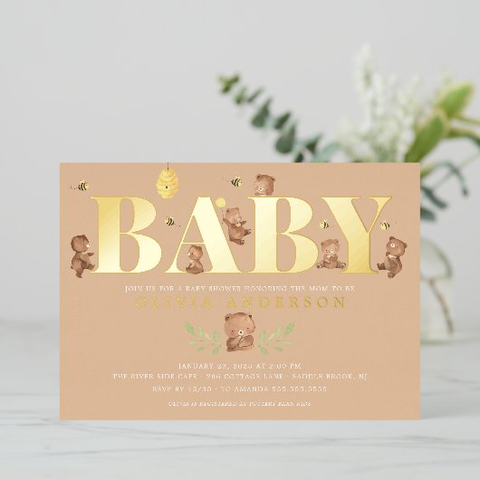 Cream Honey Bear Baby Shower Einladung (Stehend vorne)