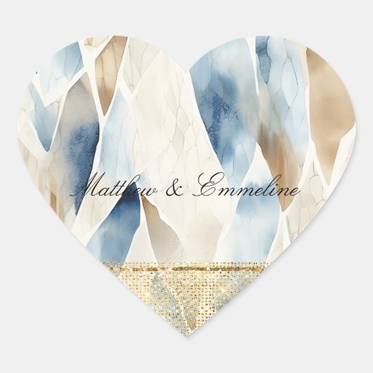 Cream Ivory Blue Abstrakt Beach Gold Glitz Herz-Aufkleber (Vorderseite)