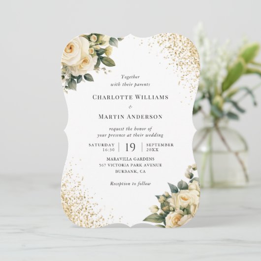 Cream Ivory Gold Confetti Hochzeitsfeier Einladung (Stehend Vorderseite)