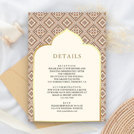 Cream Ivory Gold Geometric Muster Hochzeitdetails Begleitkarte
